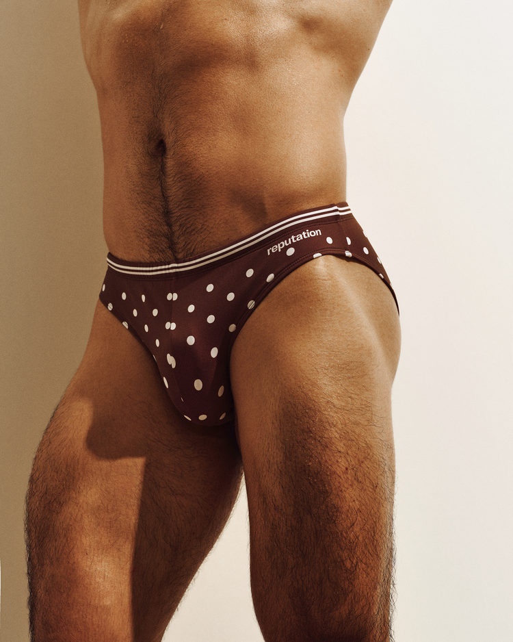 Reputation Signature Swim Brief 02 Polka Dots in brown, model view