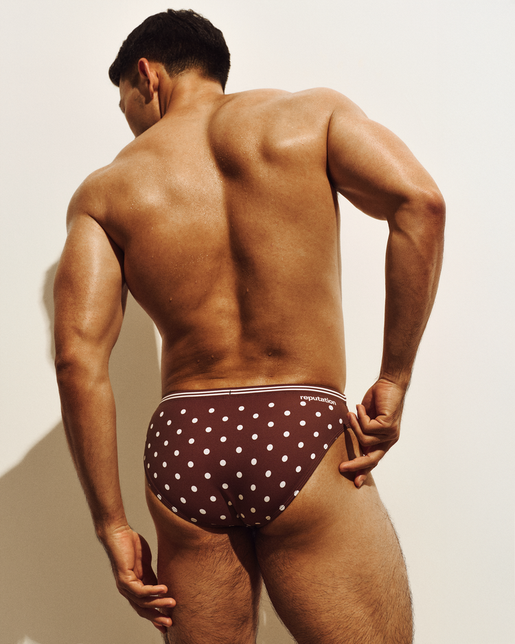 Reputation Signature Swim Brief 02 Polka Dots in brown, side view