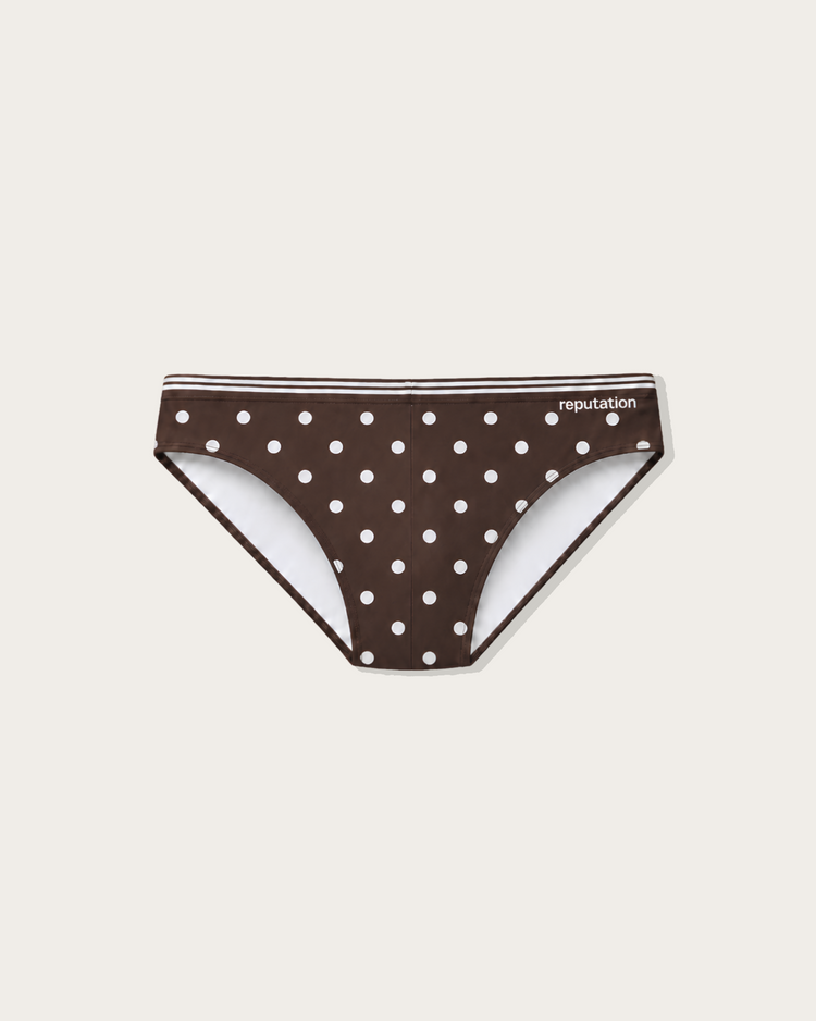Reputation Signature Swim Brief 02 Polka Dots in brown, flat lay