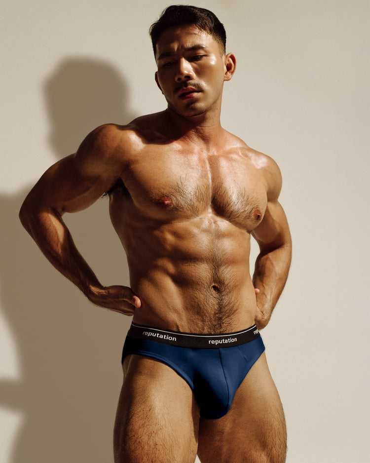 Reputation Signature Brief 01 in midnight blue, front view