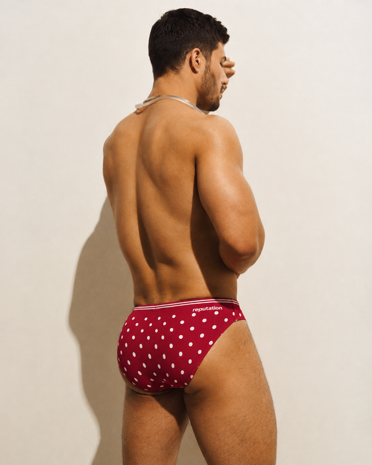 Reputation Signature Swim Brief 02 Polka Dots in red, front view